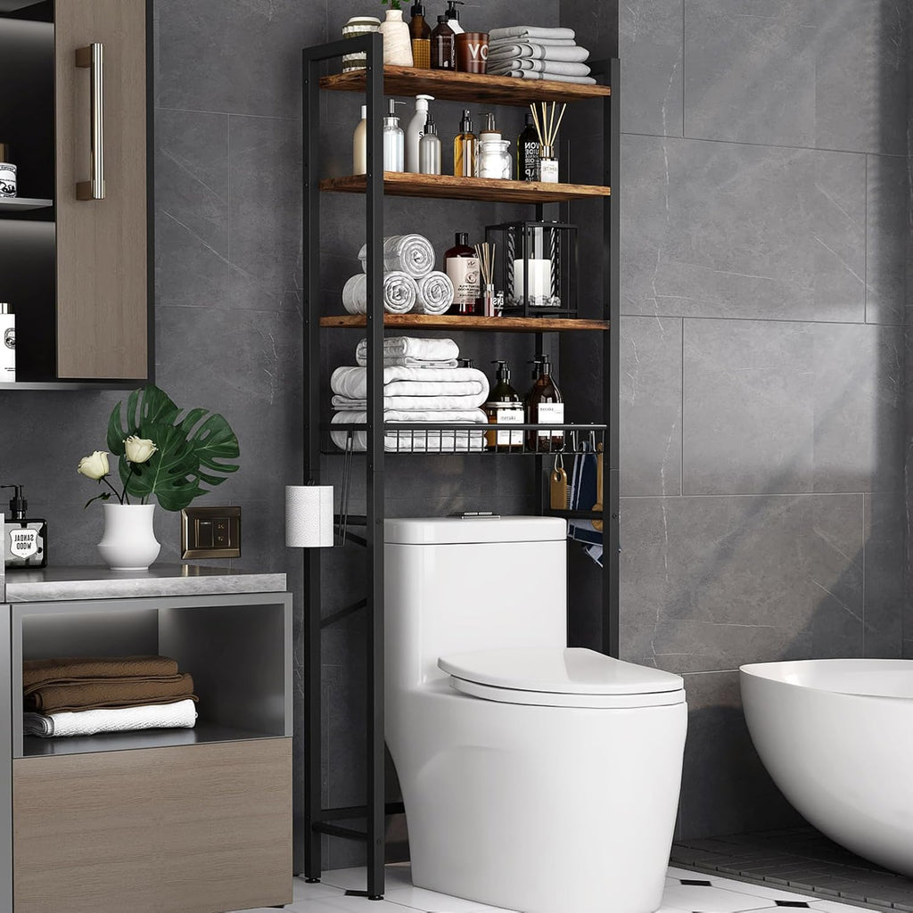 Over-The-Toilet Storage Rack, 4-Tier Bathroom Organizer Shelf Over Toilet with Adjustable Shelf and Basket