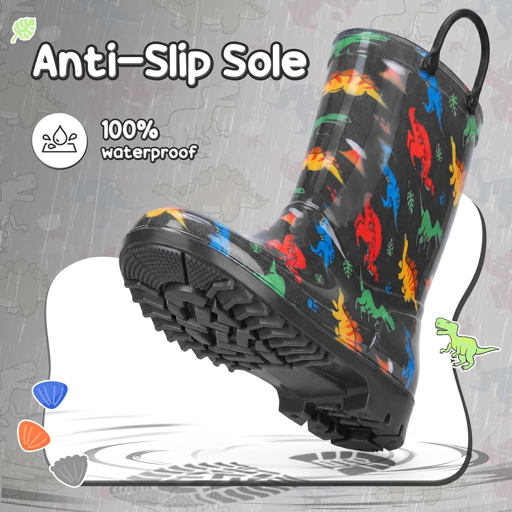 Kids Rain Boots for Boys Rain Boots Dinosaur Shark Rainboots Toddler Boy Waterproof Lightweight Easy-On Handles Outdoor
