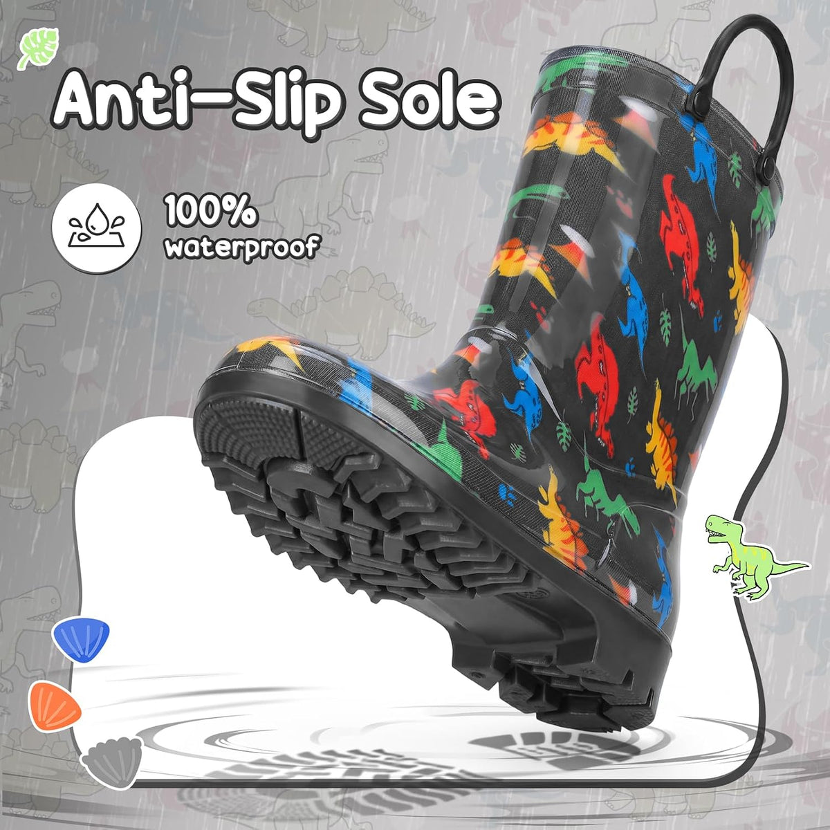 Kids Rain Boots for Boys Rain Boots Dinosaur Shark Rainboots Toddler Boy Waterproof Lightweight Easy-On Handles Outdoor