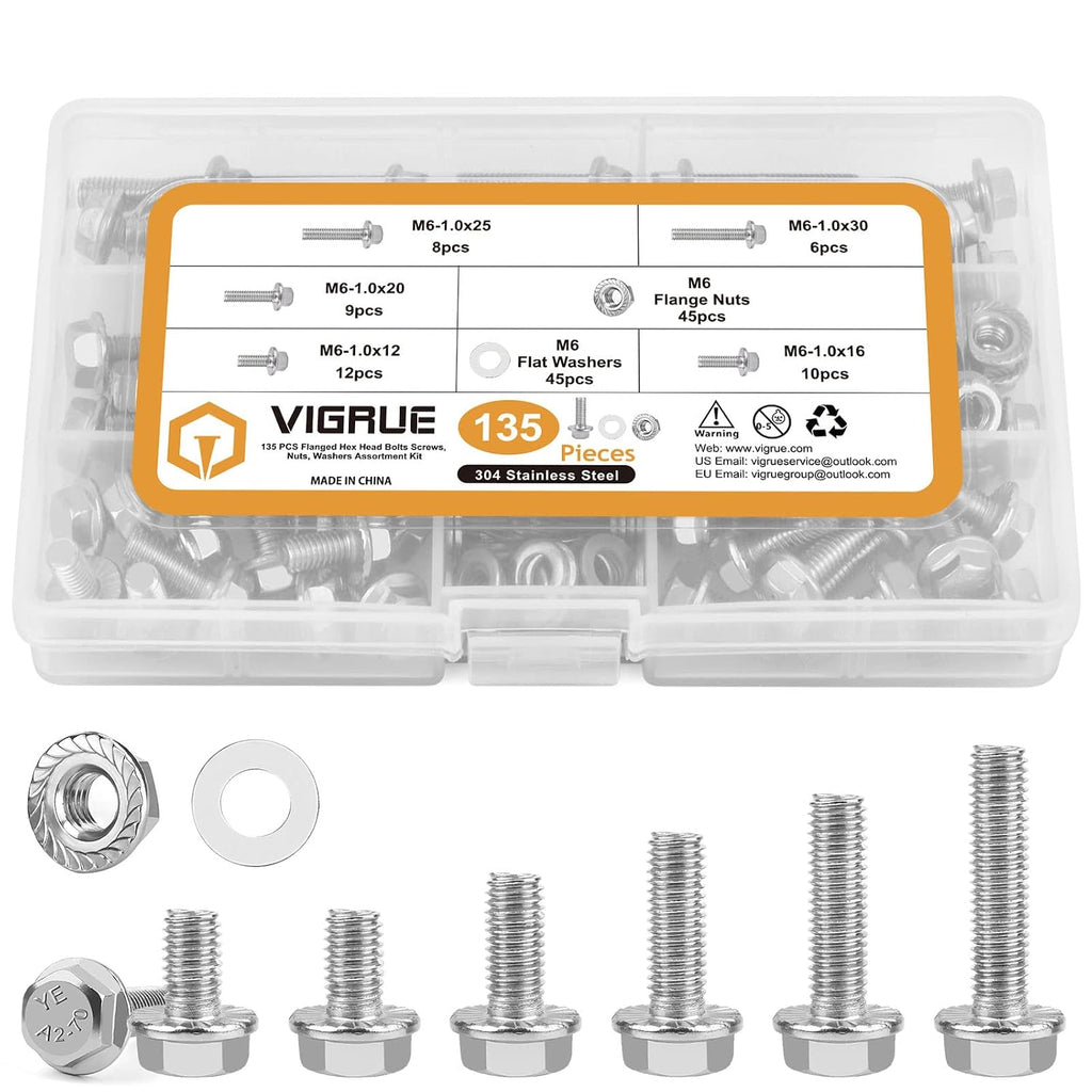 VIGURE 135PCS M6-1.0 Flange Hex Screws Serrated Flange Bolt Nuts Washers