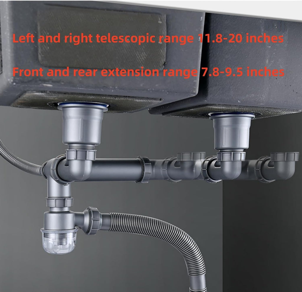 Double Sink Drain Kit Space Saving Kitchen Sink Drain Kit Expandable Flexible 1 1/2" P-Trap Pipe 3-1/2 Inch Sink