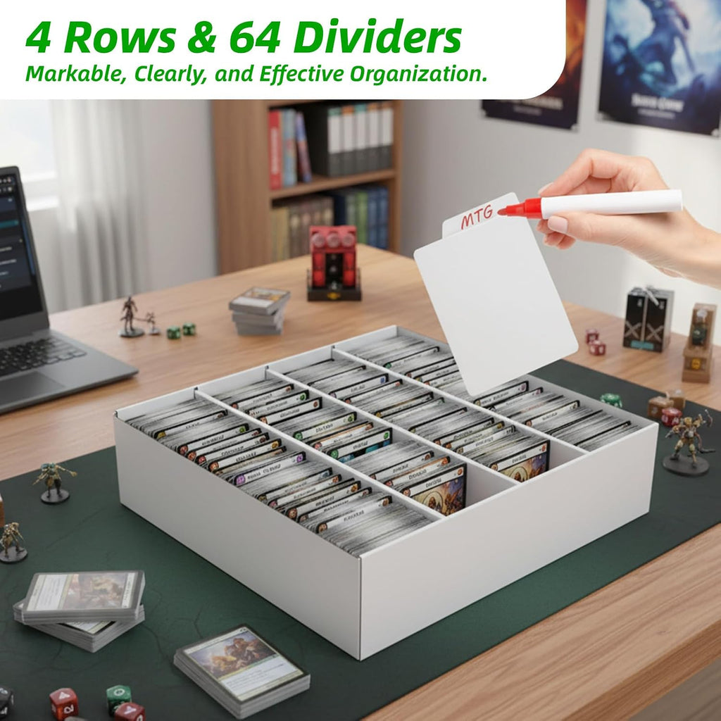 3200-Count Trading Cardboard Card Storage Boxes 4 Pack, 4 Row White Card Box with 64 Dividers, MTG, TCG Card Organizer