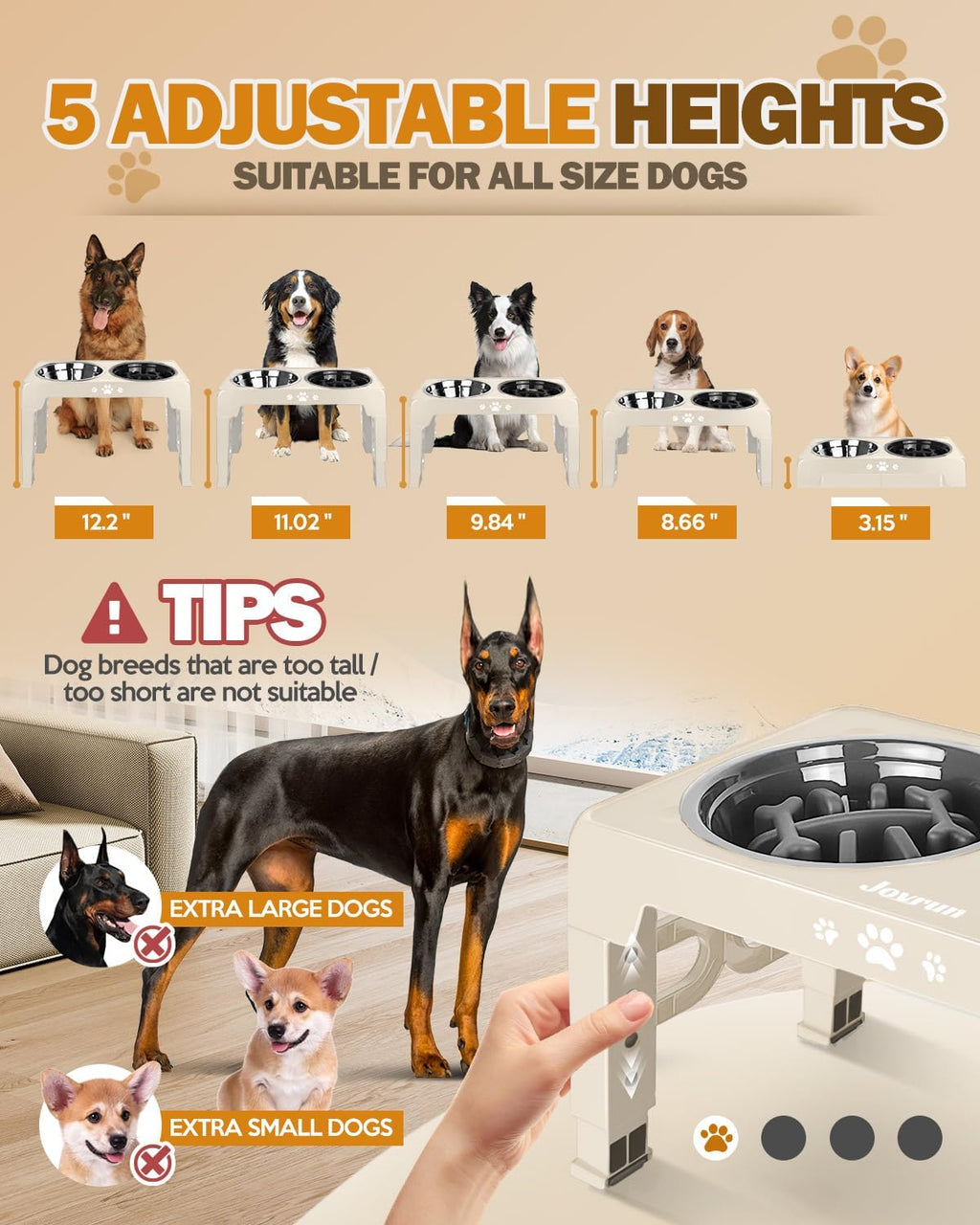 Elevated Dog Bowls for Medium Large Size Dogs, Non-Slip Dog Feeder with 1*Stainless Steel Dishes & 1*Slow Feeder