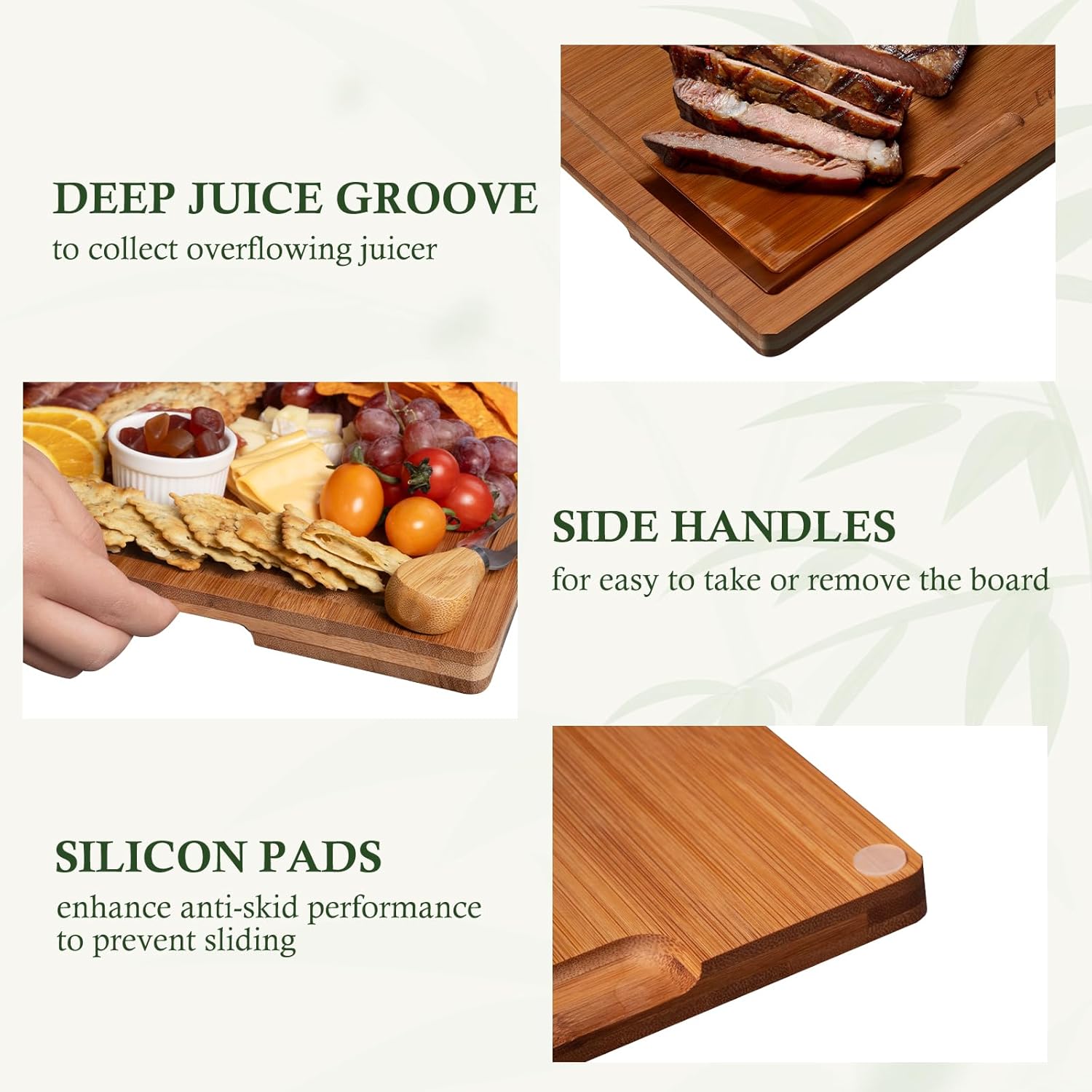 Bamboo Cutting Boards for Kitchen, 3 Piece Extra Thick Cutting Board Set with Juice Groove, Deep Carbonized Bamboo
