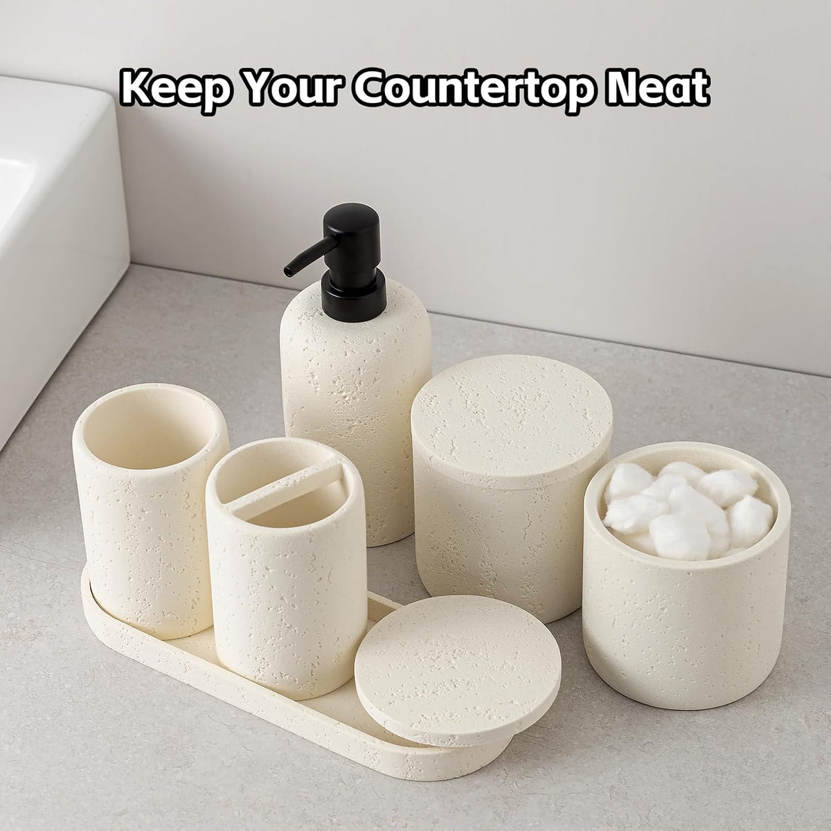 Bathroom Accessories Set,4 PCS Travertine Stone Look Collection,Cream | Modern Bath Organizer with 13.53OZ Soap
