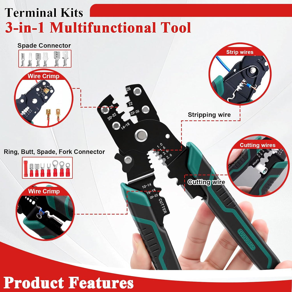 1100PCS Wire Connector Kit with Crimping Tool, Copper Insulated Electrical Wire Terminals - Ring, Butt, Spade, Fork