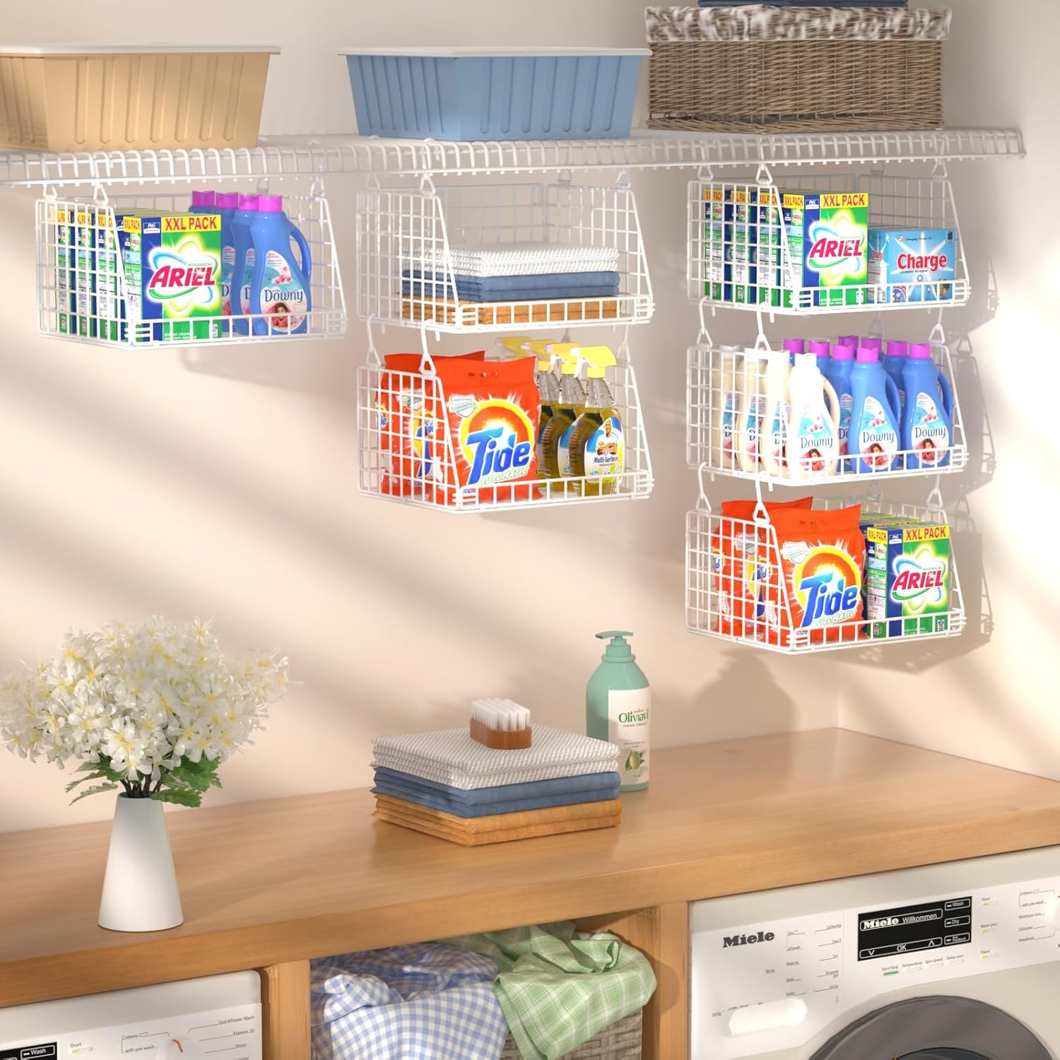 3-Pack Laundry Room Organization and Storage, Hanging Wire Basket for Laundry with 360°Rotating Hooks, Over Washer