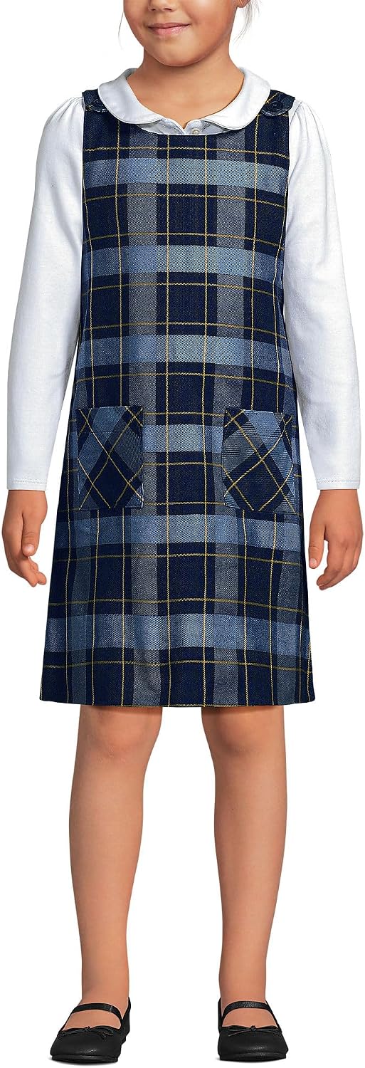 Girls Plaid Button Shoulder Patch Pocket Jumper 5 Classic Navy Plaid