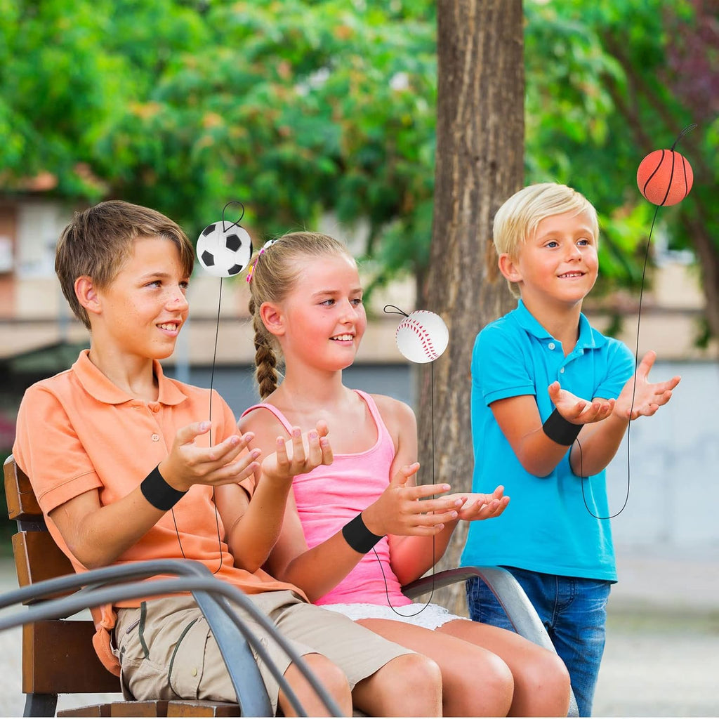 6 Pcs Wrist Return Ball on a String 2.48 Inch Rebound Sport Balls with Elastic Strap Soccer Basketball Baseball