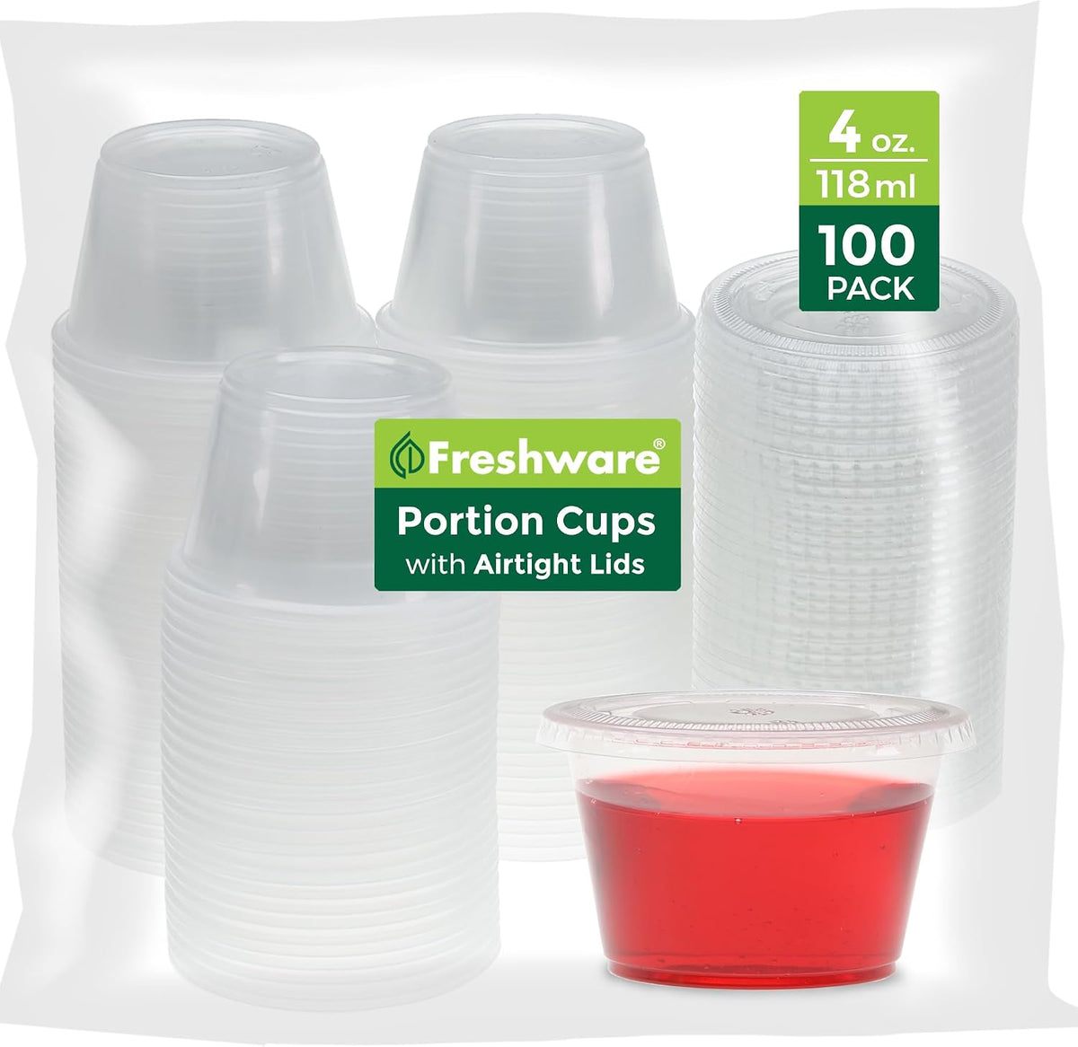Plastic Portion Cups with Lids [4-Ounce, 100 Sets] - Souffle, Sampling, Sauce, Snack, Dressing, Jello Shot Cups