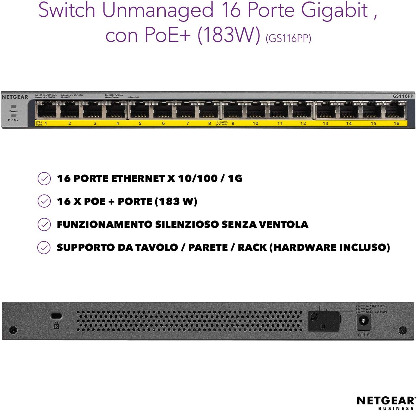 PoE Switch 16 Port Gigabit Ethernet Unmanaged Network Switch (GS116PP) - with 16 x PoE+ @ 183 W, Desktop, Wall Mount