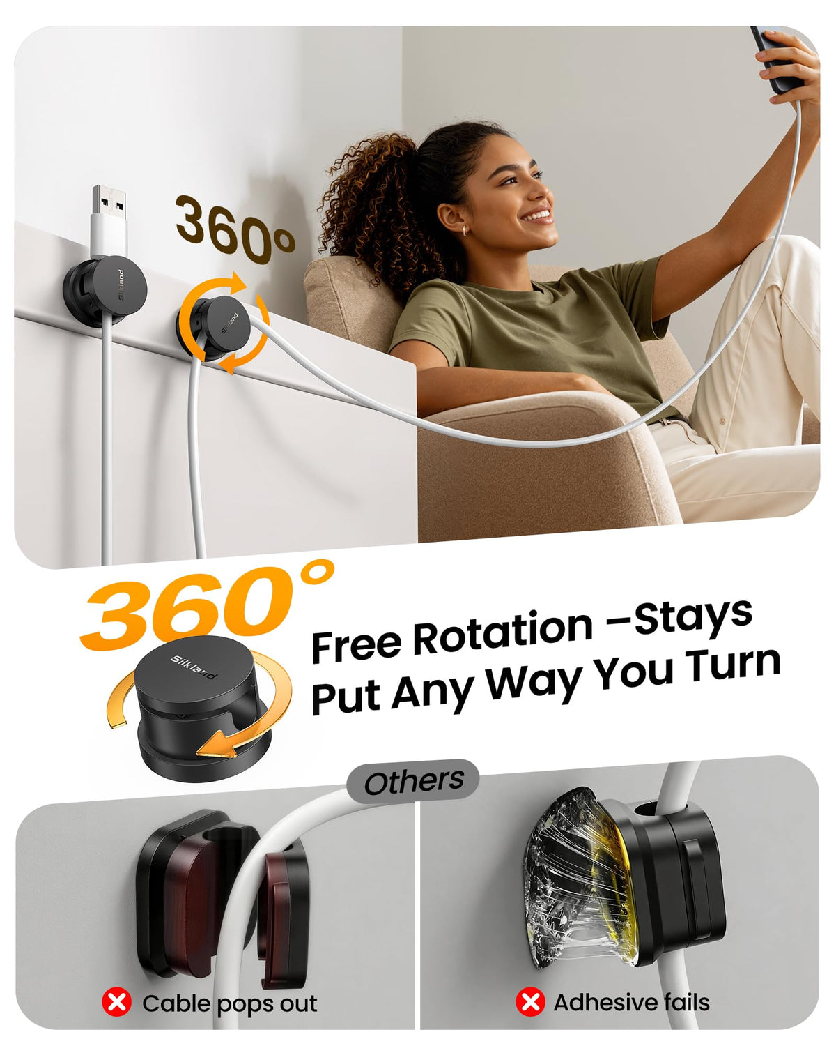Silkland 8 Pack Snap-Lock Cable Clips, 360° Rotatable Cord Holder for Desk