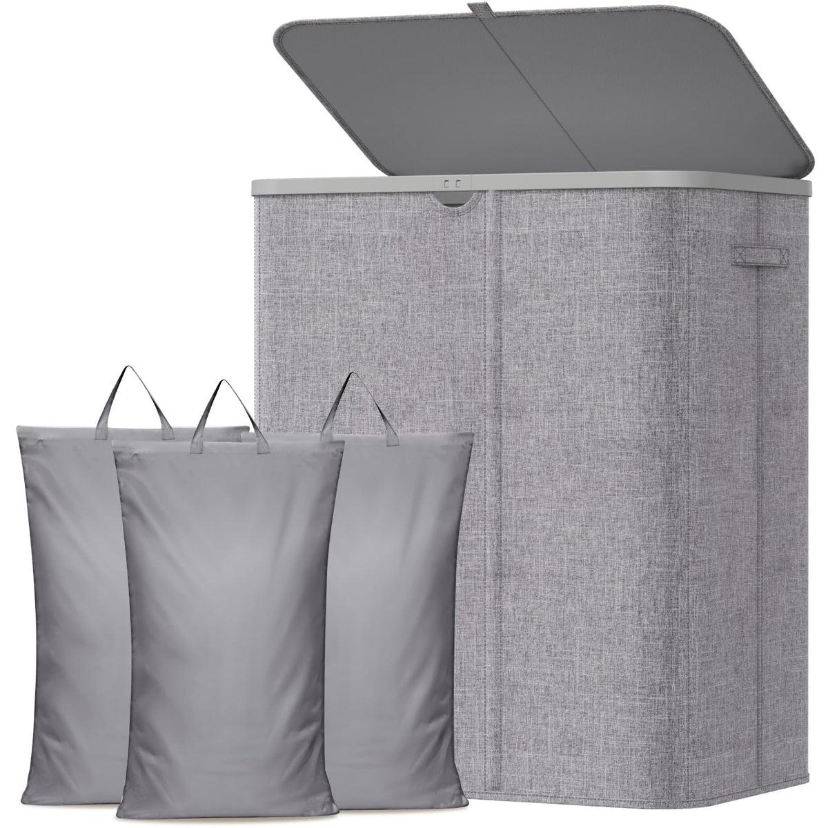 185L 3 Section Laundry Hamper with Lid, Laundry Basket, Light Gray