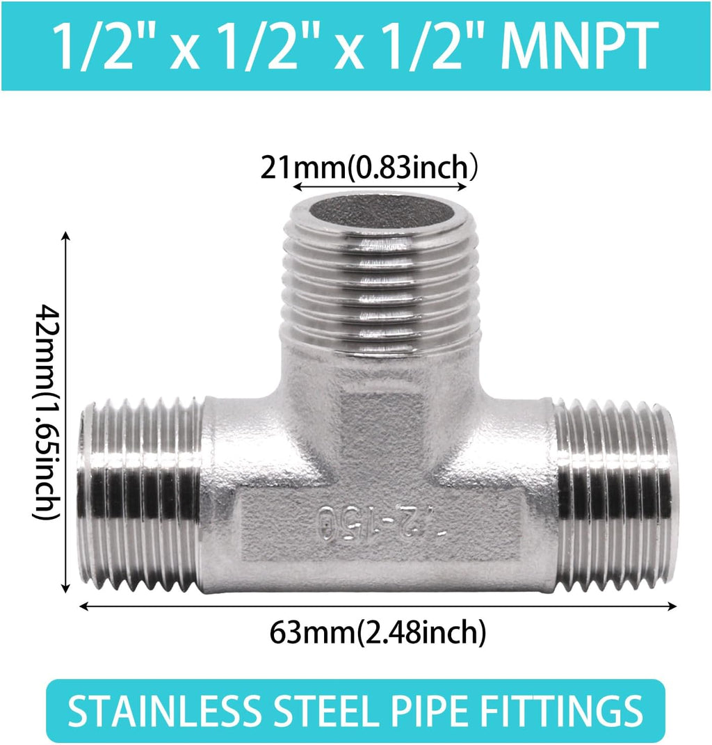 1/2" x 1/2" x 1/2" NPT Male Pipe Fitting, 304 Stainless Steel Tee Pipe Fittings, 3 Way T Shaped Tee Connector, 2 Pack