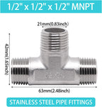1/2" x 1/2" x 1/2" NPT Male Pipe Fitting, 304 Stainless Steel Tee Pipe Fittings, 3 Way T Shaped Tee Connector, 2 Pack