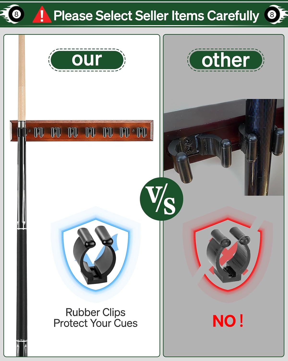 Wall Mount Pool Stick Holder - Billiards Pool Cue Rack Hardwood Pool Cue Set Holder for 8 Cues Sticks Storage Pool