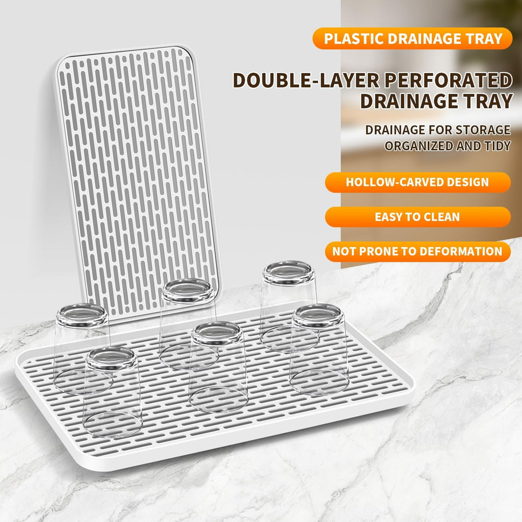 Plastics Drain Tray, Cup & Dish Drying Rack, Drain Board 2 Tier Non Slip Serving Tray with Drainboard Perfect for