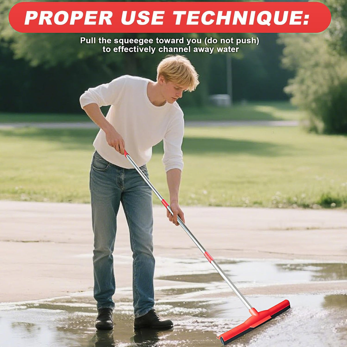 Water Broom & Floor Squeegee Scrubber with 51" Adjustable Pole & EVA Foam Blade – Indoor/Outdoor Use for Garage