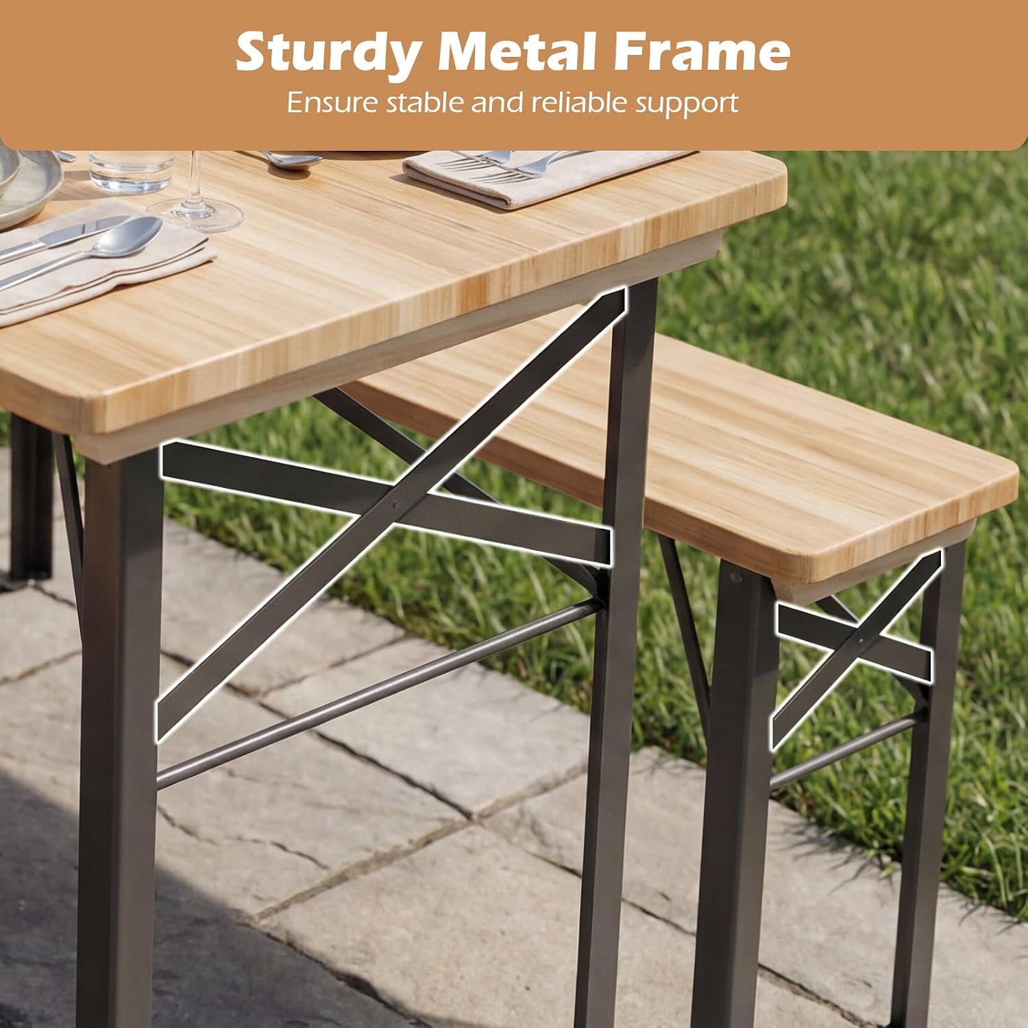 3 Piece Folding Picnic Table with 2 Benches, Foldable Wood Picnic Table Bench Set with Heavy-Duty Metal Frame for 4