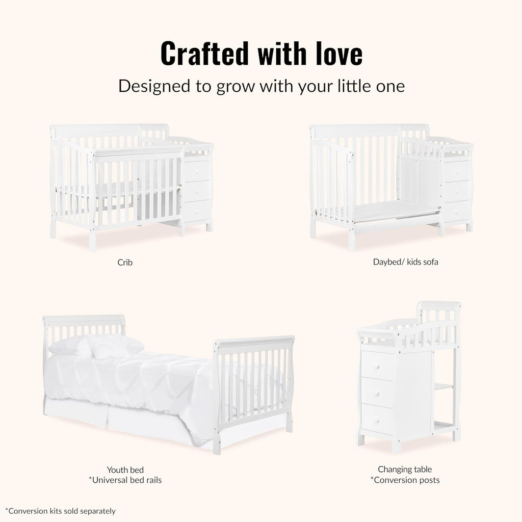 Jayden 4‑in‑1 Mini Convertible Baby Crib & Changer with Storage in White, Pinewood, GreenGuard Gold & BSA, 1”
