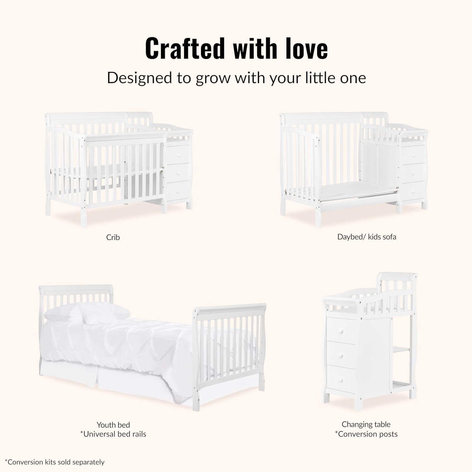 Jayden 4‑in‑1 Mini Convertible Baby Crib & Changer with Storage in White, Pinewood, GreenGuard Gold & BSA, 1”