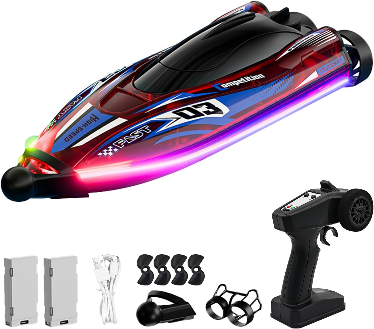 RC Boat for Kids, Brushless Remote Control Boat with LED Light,25KM/H 2.4GHz Racing Speed Boats with 2 Batteries