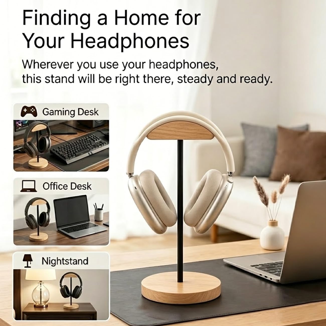 Headphone Stand Nature Wood & Metal Headset Hanger Mount Hook Gaming Holder Desktop Earphone Artful Functional