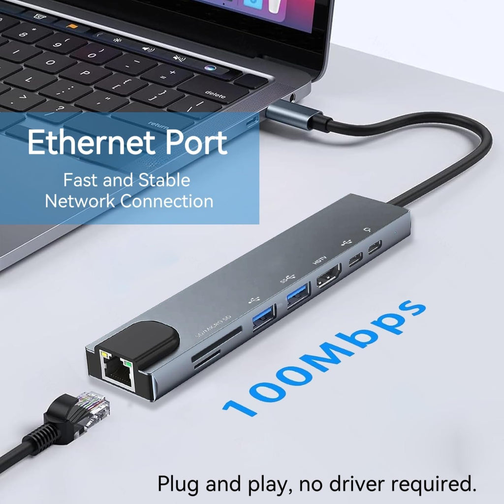 USB C Hub Multiport Adapter, 8 in 1 USBC Dongle with 4K HDMI, RJ45 Ethernet, 100W PD Charging, USB 3.0, SD/TF Card