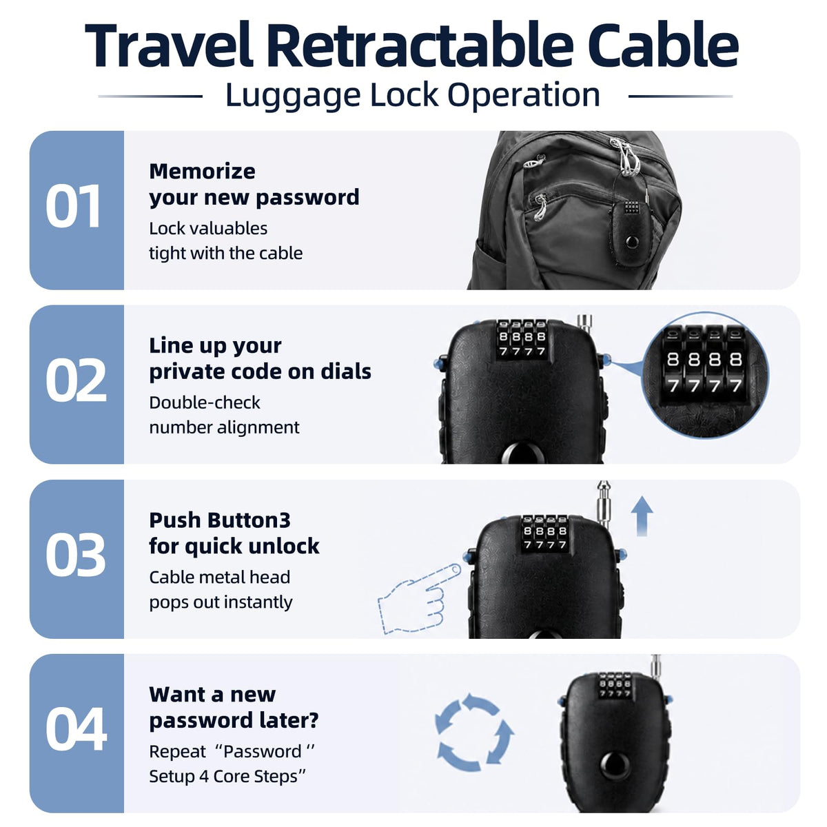 4 Digit Combination 27.5 Inch Retractable Cable Lock,Black 2Pcs