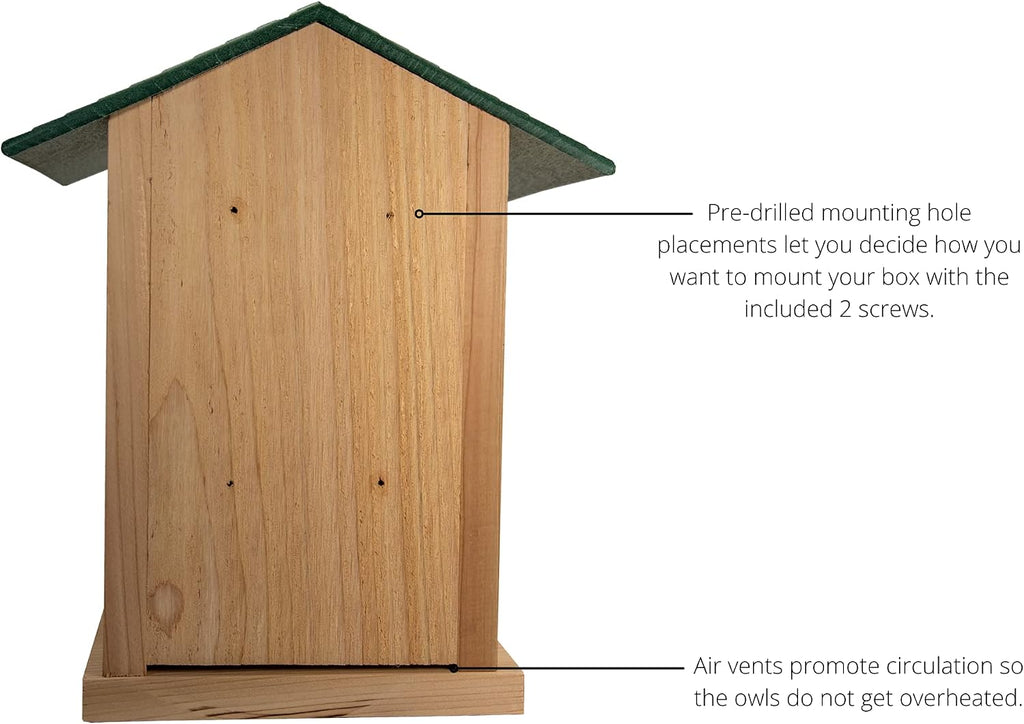 Screech Owl House Cedar Nesting Box with Poly Lumber Roof, Saw-Whet Owl Box for Outside, Drainage Ventilation, Easy