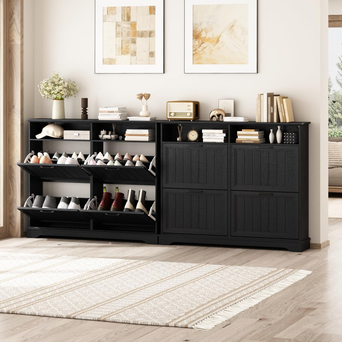 Hidden Shoe Storage Cabinet with 4 Flip Drawers & Open Storage