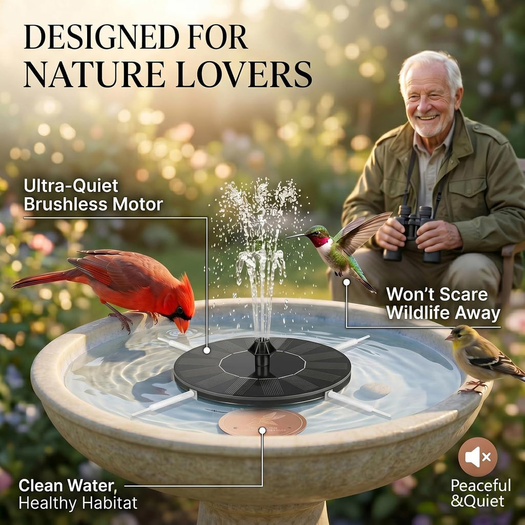 Solar Fountain for Bird Bath Set: 99.99% Pure Copper Water Purification Disc & 1.4W Floating Water Pump Set,7 Spray