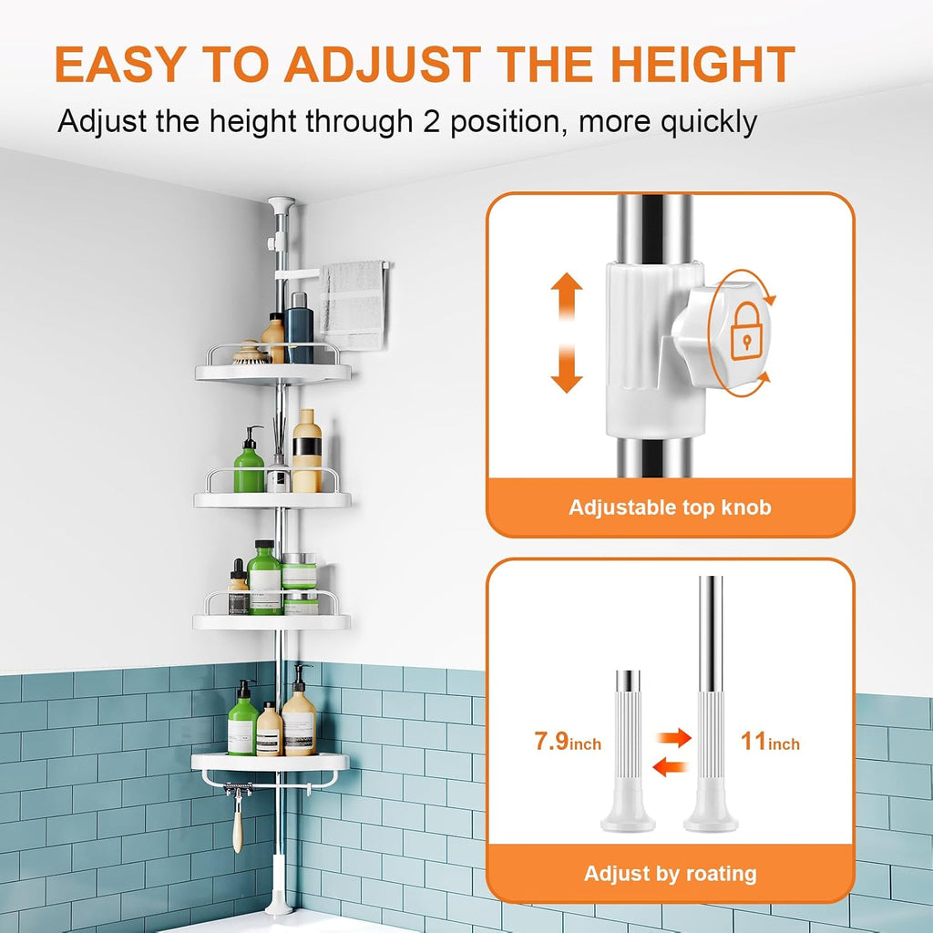 Corner Shower Caddy Tension Pole: Rust Proof 4Tier Shampoo Storage Organizer for Inside Shower - Telescoping Rod