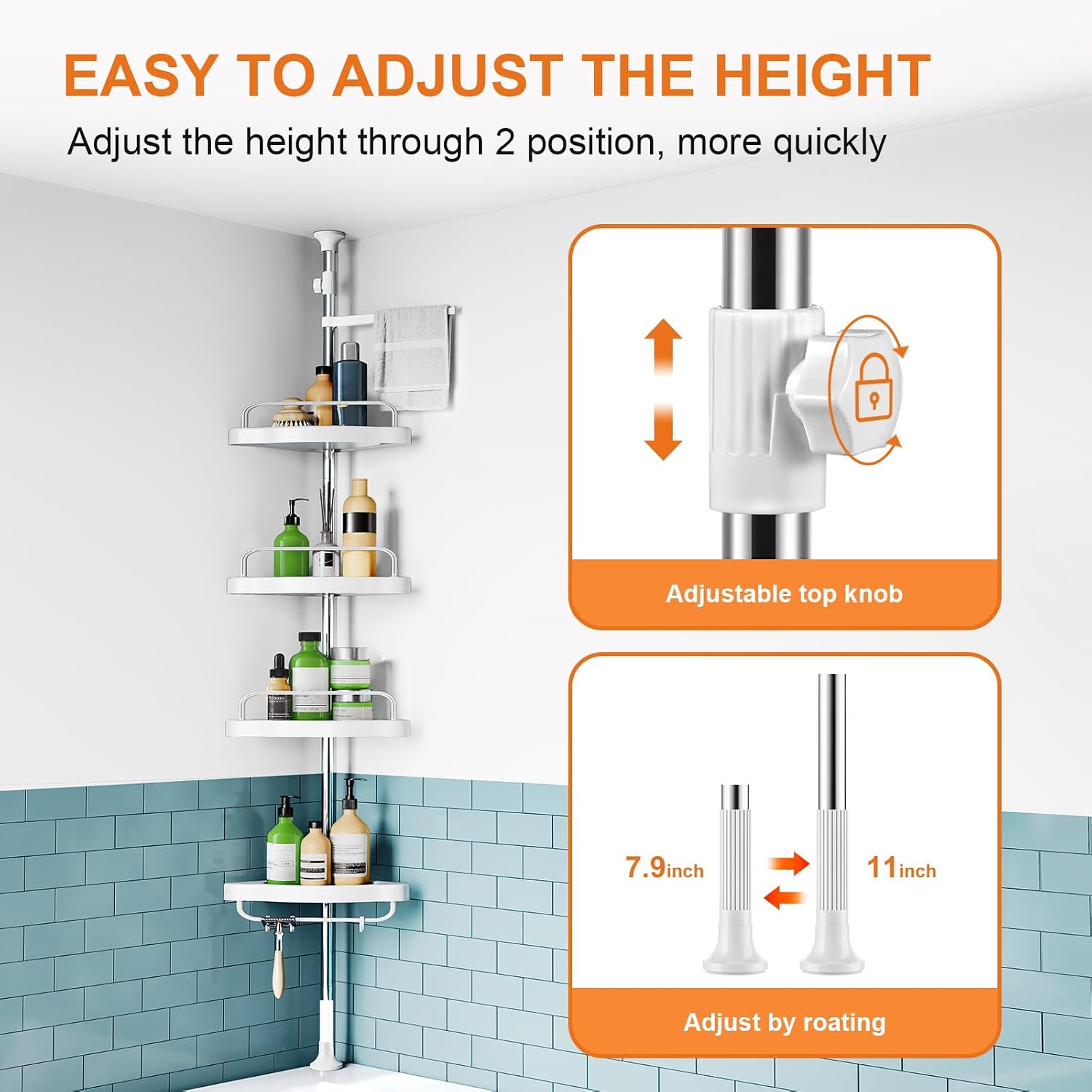 Corner Shower Caddy Tension Pole: Rust Proof 4Tier Shampoo Storage Organizer for Inside Shower - Telescoping Rod