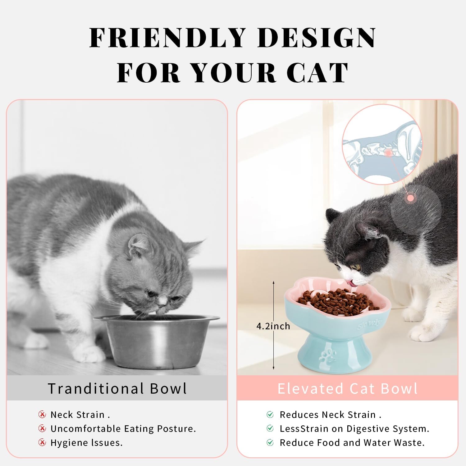 Raised Slow Feeder Cat Bowl, Ceramic Elevated and Titled Glass Food Bowl Small Dogs Slow Feeder, Flower Shaped Cute