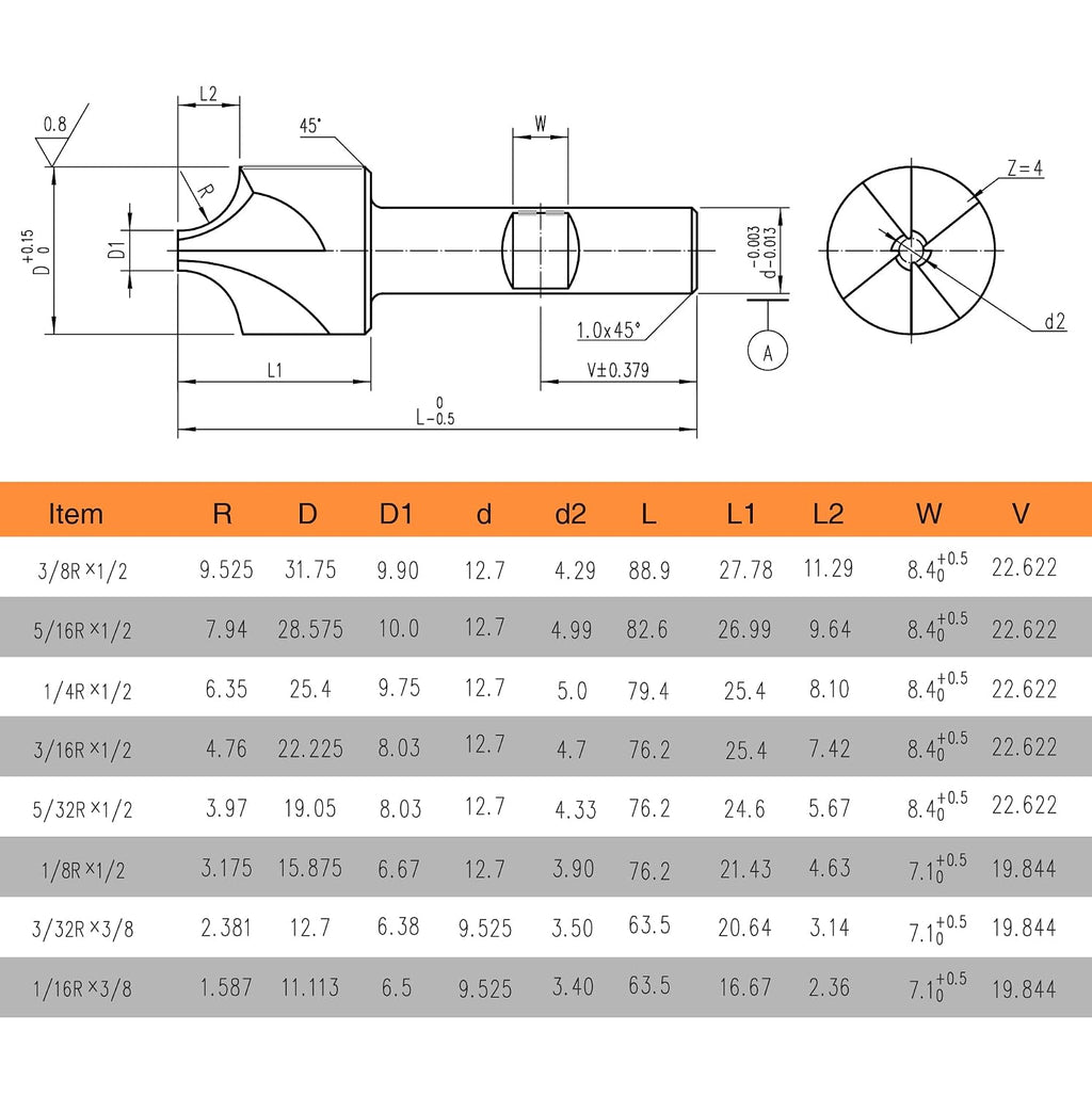 1/16"-3/8" 8Pcs HSS Corner Round Mill Set