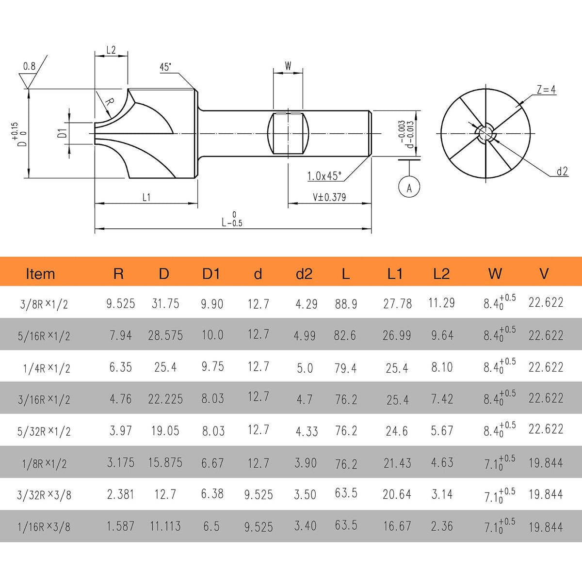 1/16"-3/8" 8Pcs HSS Corner Round Mill Set