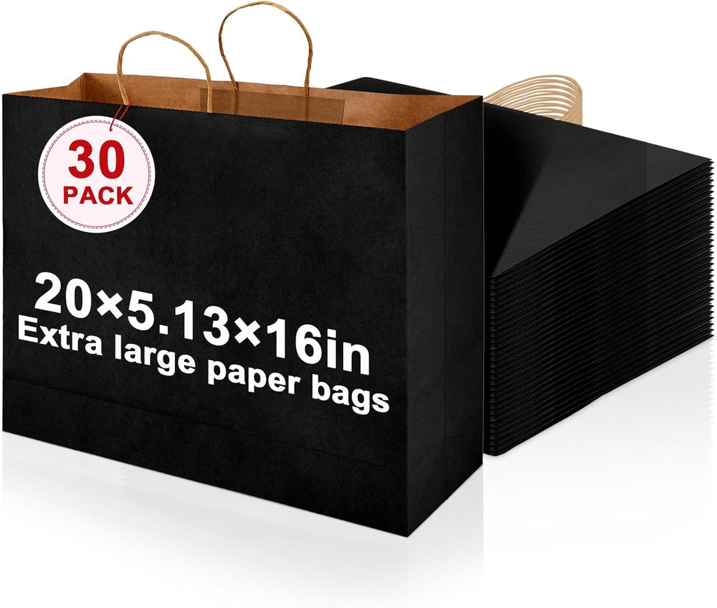 30 Pack 20 x 16 x 5 Inch Extra Large Black Paper Bags with Handles