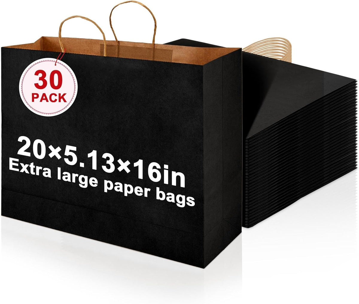 30 Pack 20 x 16 x 5 Inch Extra Large Black Paper Bags with Handles