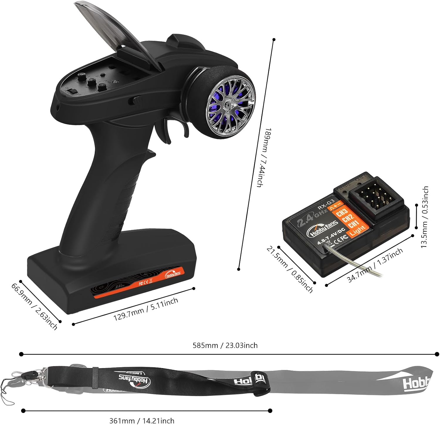 RC Radio System 3CH 2.4G RC Transmitter with Receiver and Lanyard Remote Controller for RC Car Crawler Boat