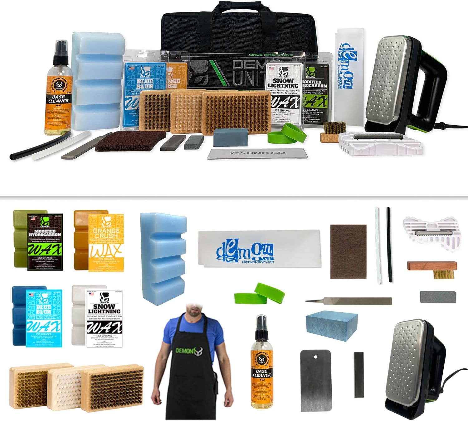 Demon Charger Complete Ski and Snowboard Tuning Kit with Iron, 2.25lb Wax, Brush Kit, Base Cleaner and Wax Apron