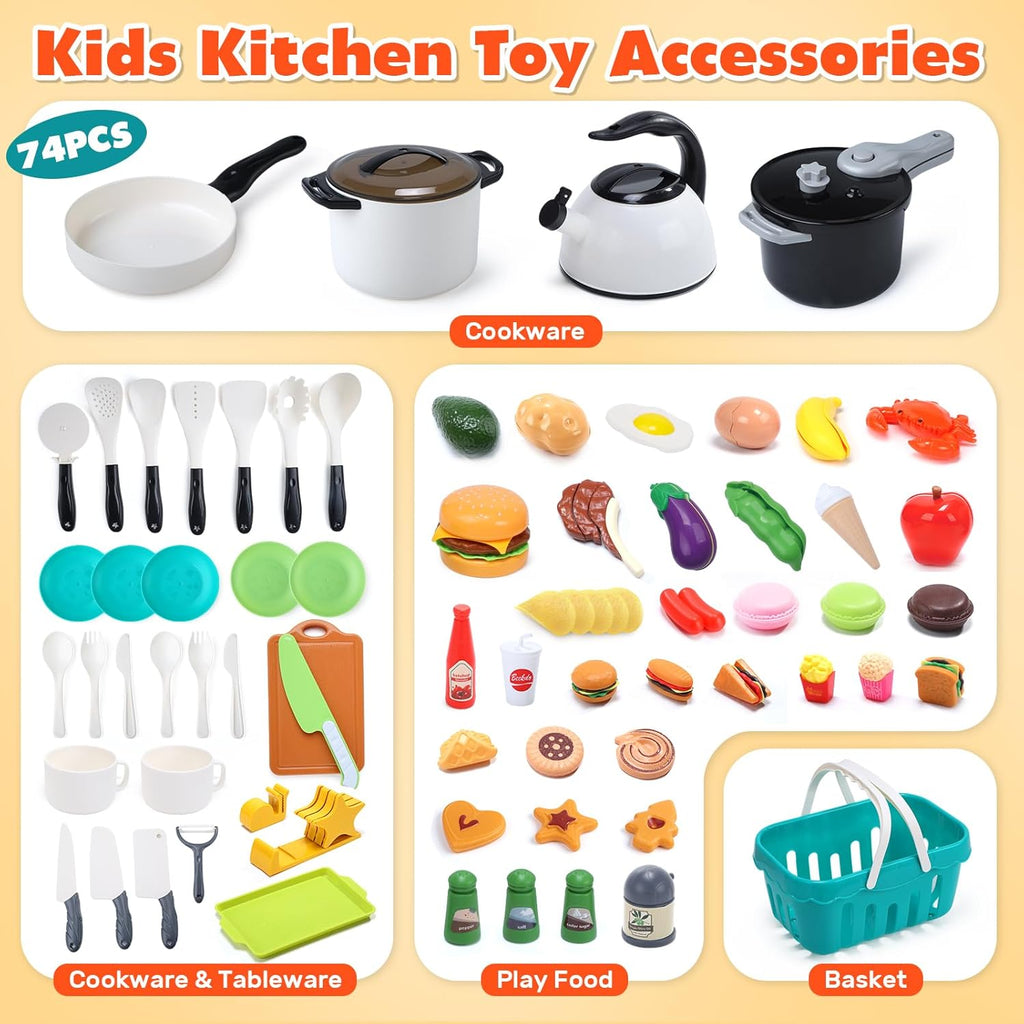 74-Pcs Kids Play Kitchen Accessories, Toddler Pretend Cooking Set, Toy Cookwares Set with Toy Pots and Pans, Cutting