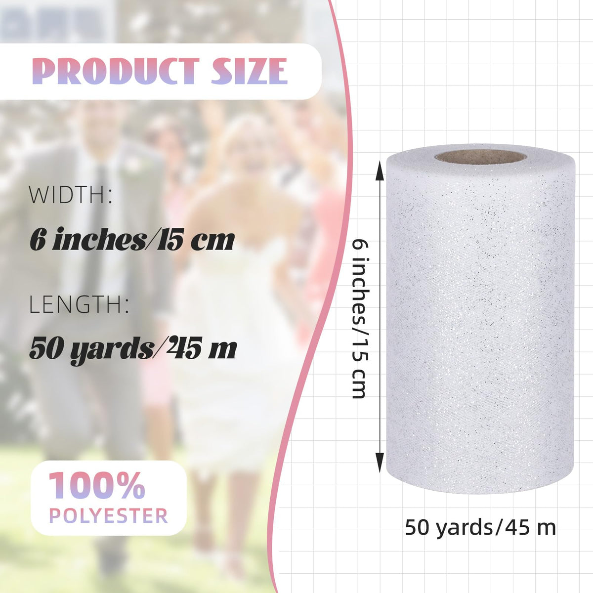 Glitter Tulle Rolls 6” by 50 Yards Tulle Fabrics(White/Silver-New)