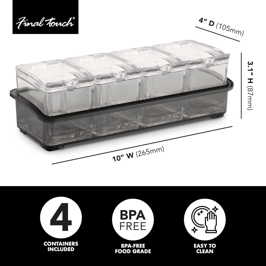 Cocktail Garnish Bar Tray for Bartenders, 4 Containers with Lid
