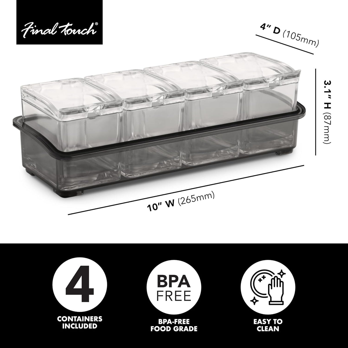 Cocktail Garnish Bar Tray for Bartenders, 4 Containers with Lid