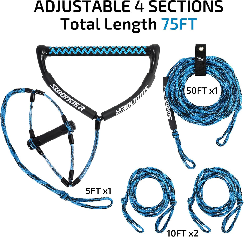 Wakeboard Rope 75ft - Water Ski Rope with Double Handle - 4 Sections Boat Tow Rope for Kneeboard, Wakeboard, Water
