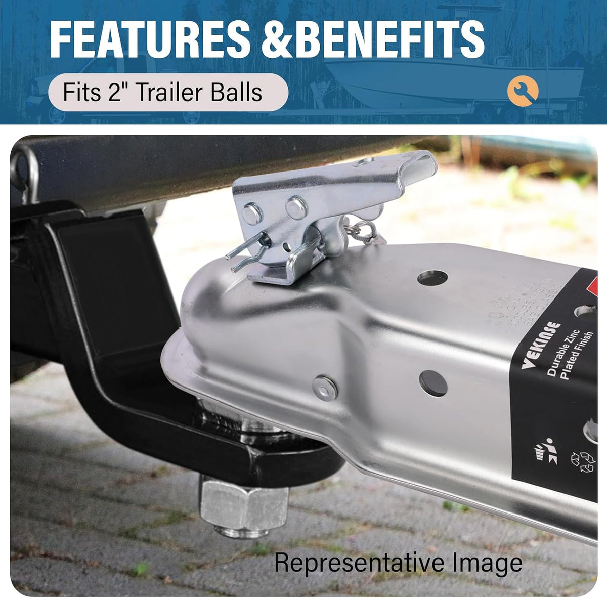 Straight Tongue (Zinc) Trailer Coupler with Hardware, Easy Remove Sticker and Instruction fit for 3" Channel, 2"