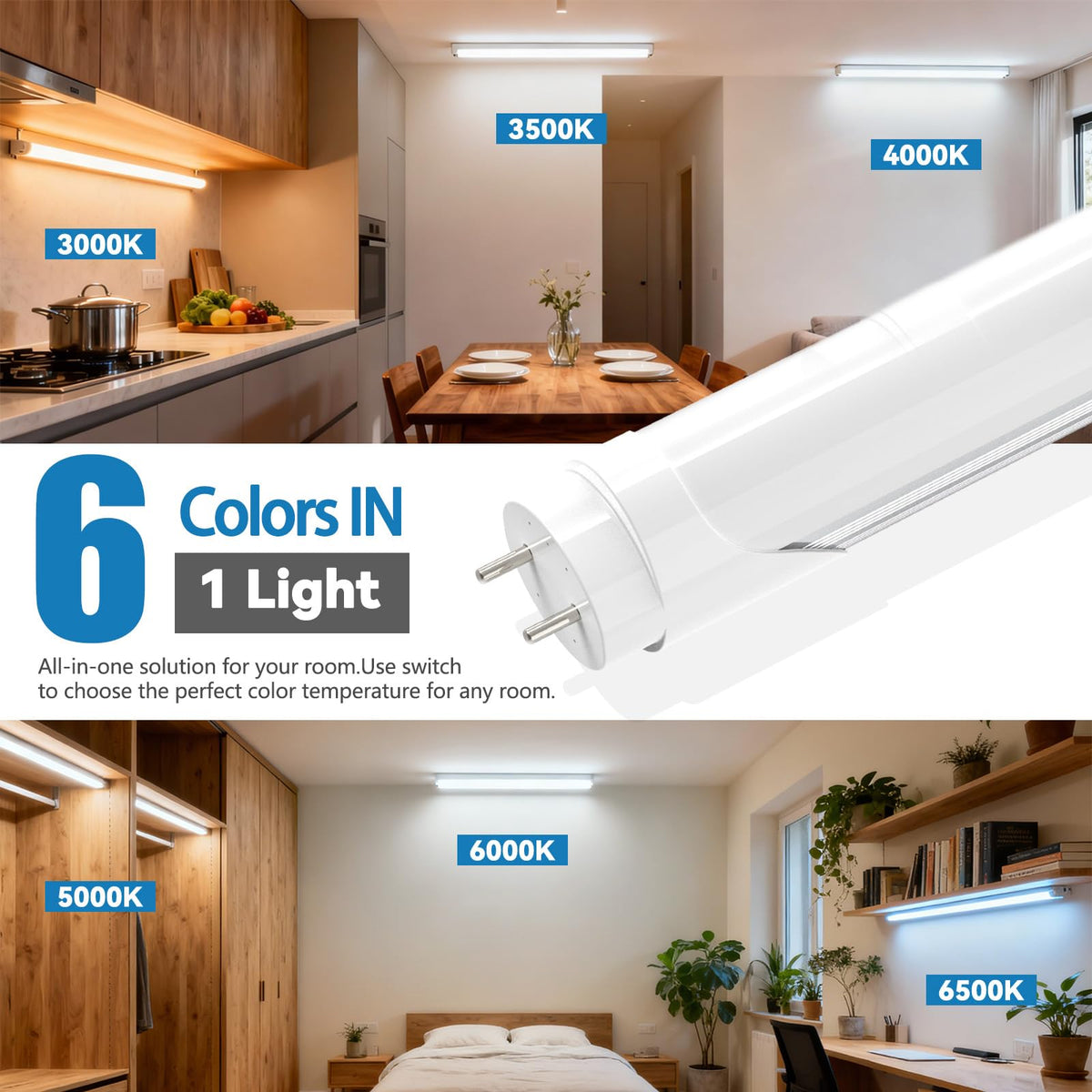 2ft T8 LED Bulbs, 4-Pack, 6 CCT Selectable 3000K-6500K