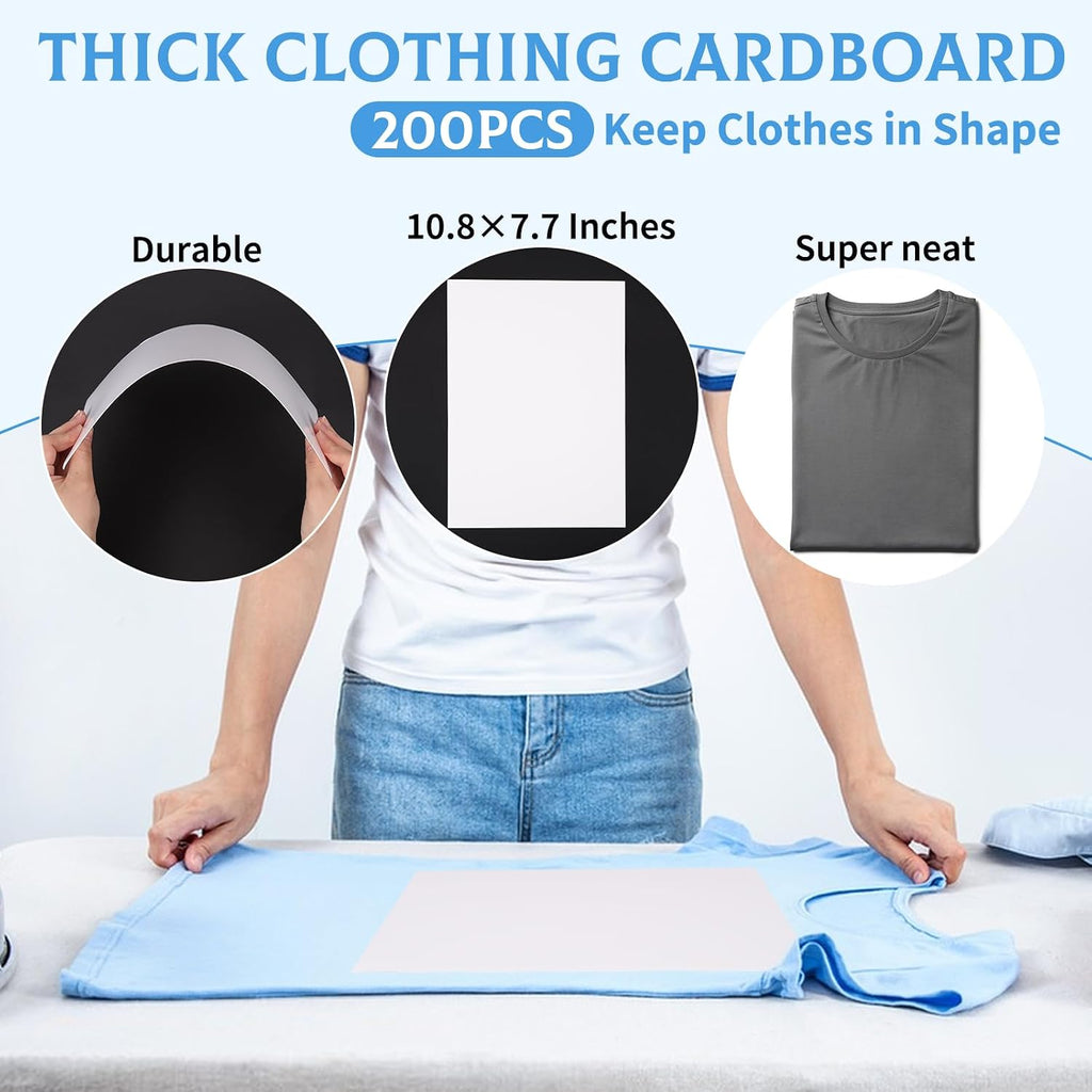 200 Set 10"x13" T-Shirt Packaging Bags with Cardboard Inserts and Clothing Size Stickers, Thick Clear Plastic