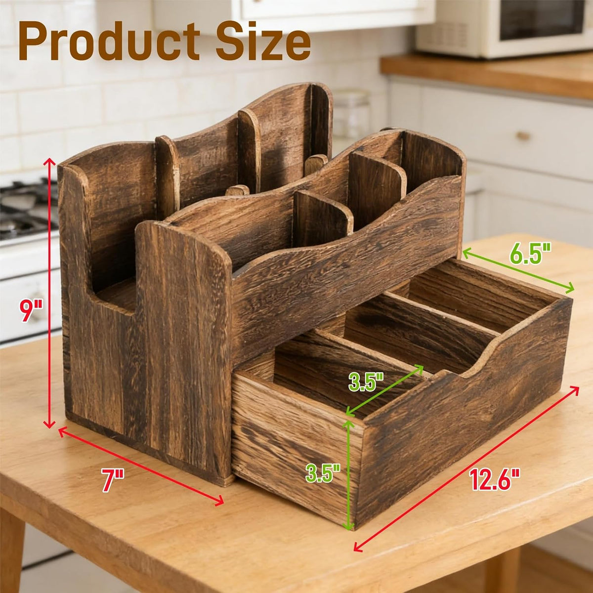 Wood Coffee Station Organizer with Drawer, 6 Compartments